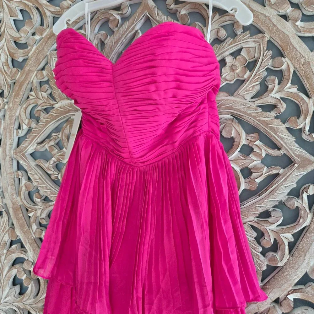 Pink Chiffon strapless Pleated A-line Tiered Maxi Prom Dress Size 2 - Picture 4 of 9